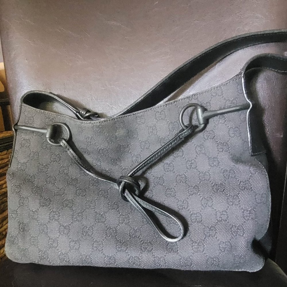 GUCCI GG Pattern Canvas Leather Dark Gray Tote bag Shoulder bag